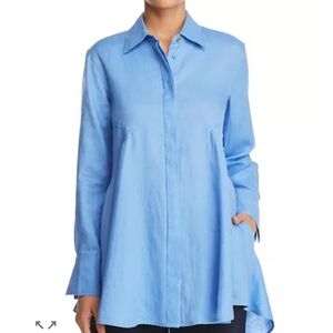 Donna Karan Blue Linen Tunic Top • Size Large • Button Front Long Sleeve